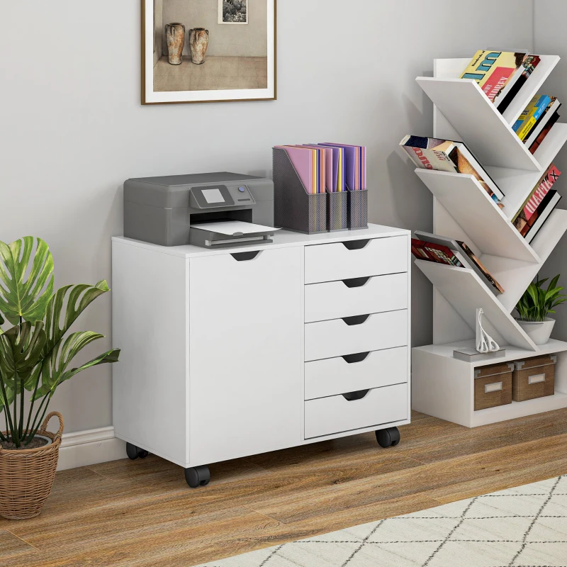 HOMCOM Meuble de rangement pour bureau 5 tiroirs 1 porte étagère réglable, support imprimante roulettes, 78x40x66,5 cm, blanc