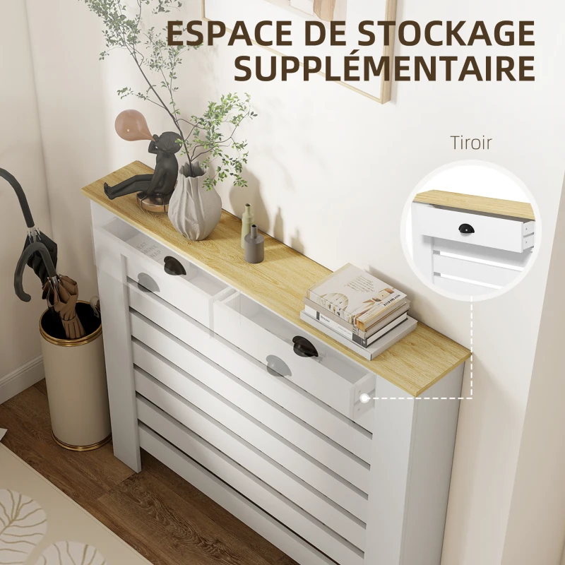HOMCOM Couvercle de radiateur cache radiateur grille à lattes horizontales avec 2 tiroirs en bois 111l x 19P x 95,5H cm blanc