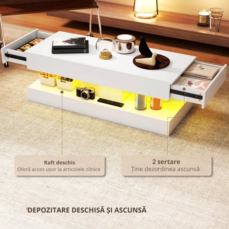 HOMCOM Masa de cafea cu sertare și lumini LED, masă laterală modernă cu raft deschis, masă de cafea, placaj, Alb