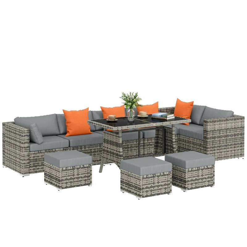 Outsunny 10 Piece Rattan Garden Furniture Set, 3 Corner Sofas with 3 Chairs, 3 Stools and Coffee Table, Outdoor Patio Furniture