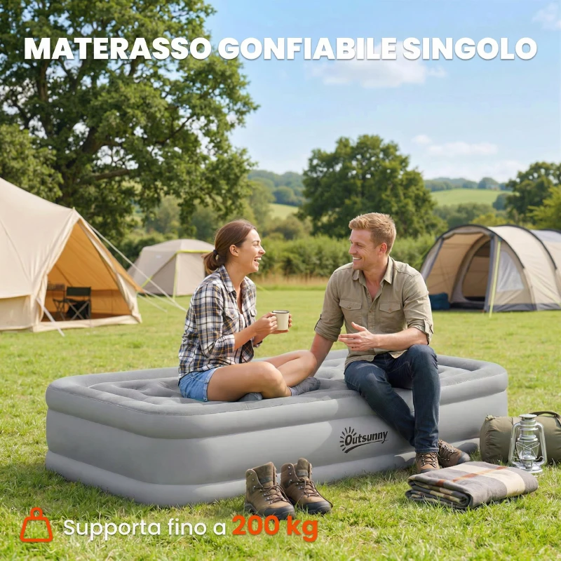 Outsunny Materasso Gonfiabile Singolo con Superficie Floccata, Pompa di Gonfiaggio e Borsa di Trasporto, Grigio
