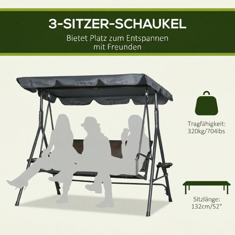 Outsunny Balansoar cu 3 Locuri, Balansoar de Gradina cu Copertina Ajustabila, Scaun din Ratan si Cadru de Otel(m-4)