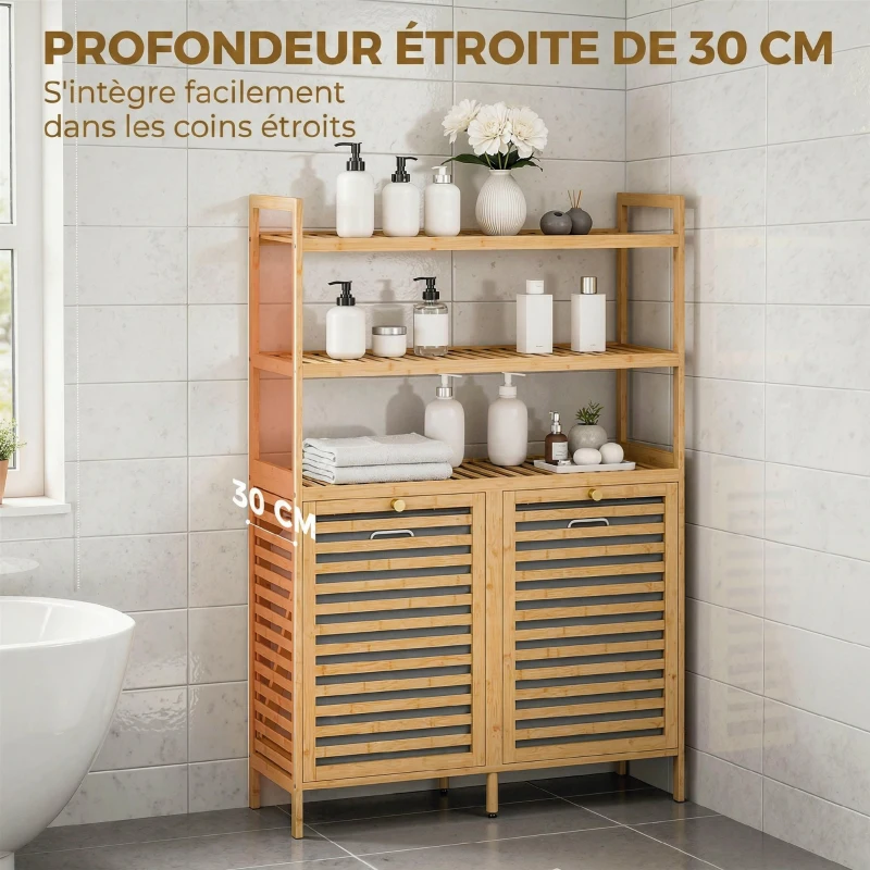 HOMCOM Meuble de salle de bain avec panier à linge en bambou avec 2 paniers amovibles et étagères à 3 niveaux, chêne