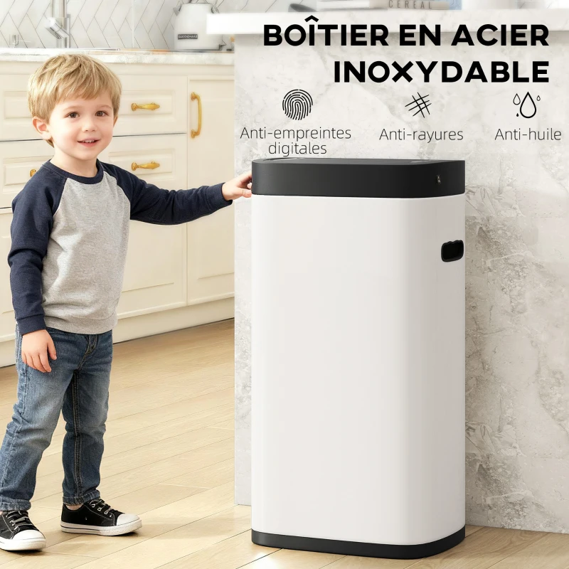HOMCOM Poubelle de cuisine automatique 50L, poubelle à capteur de mouvement, fonctionne sur piles, 26,5x35,5x68cm, crème