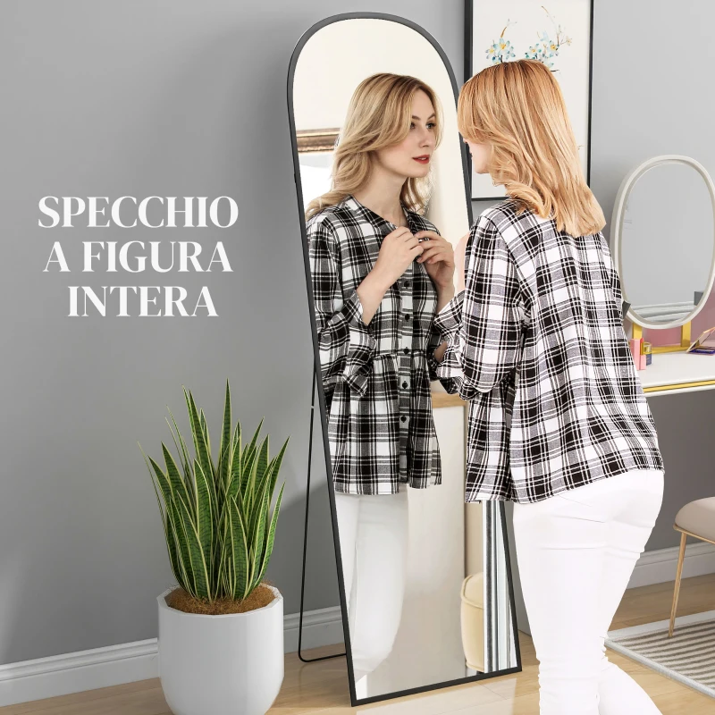 HOMCOM Specchio da Terra e Parete Moderno in Lega di Alluminio con Supporto Pieghevole, 50x170 cm, Nero