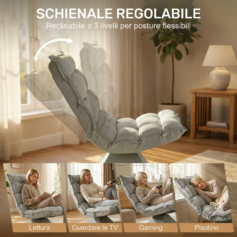 HOMCOM Poltrona Relax Girevole 360° con Schienale Regolabile in 5 Posizioni in Tessuto Effetto Velluto, Grigio Chiaro