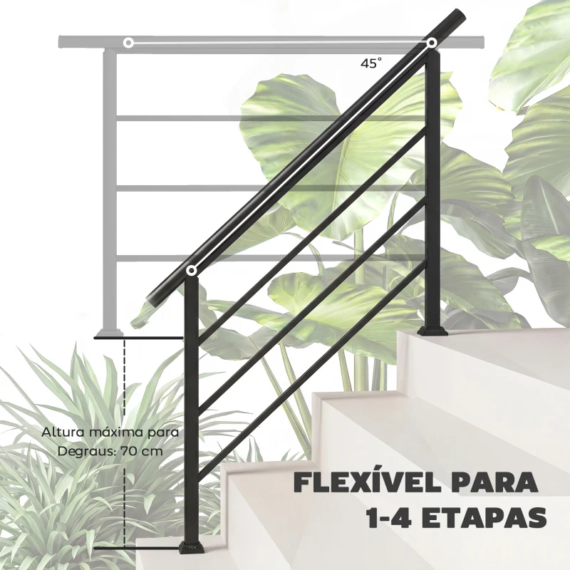 Outsunny Corrimão de Escada 131 cm Corrimão para Escada com Kit de Instalação Ângulo Ajustável para 1-4 Degraus Preto