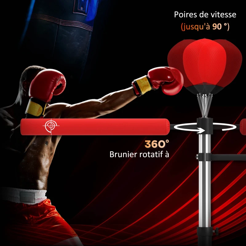 HOMCOM Sac de frappe sur pied 4 en 1 punching ball autonome balles de vitesse barre rotative gants 88 x 50 x 160-230 cm rouge