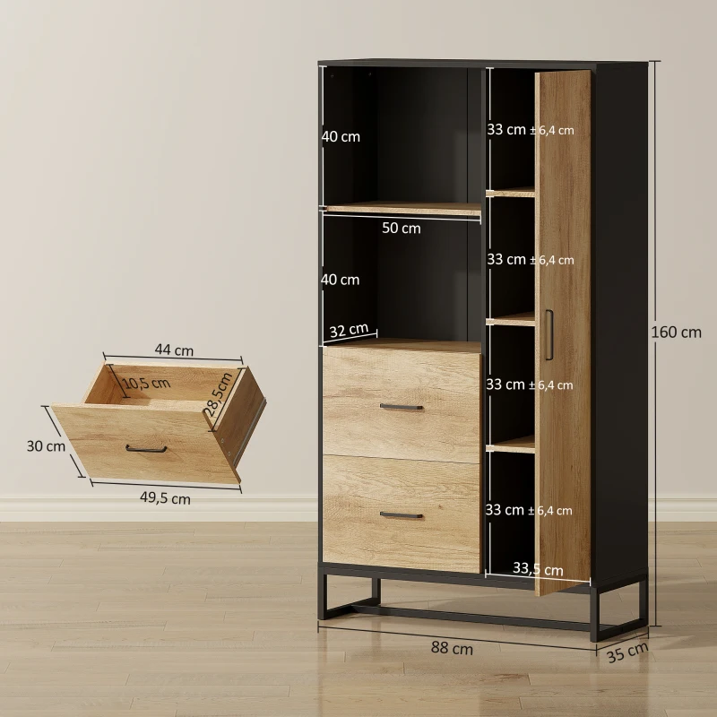 HOMCOM Armoire de cuisine meuble de rangement, 2 tiroirs 1 placard 2 niches et étagères réglables, 88x35x160cm, noir et naturel