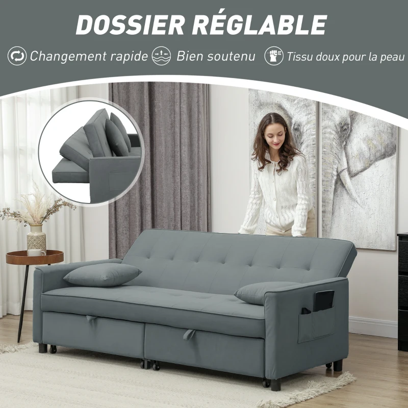 HOMCOM Canapé convertible 3 places canapé-lit clic-clac réversible avec dossier réglable et coussins, 196 x 90 x 89 cm, gris(m-6)