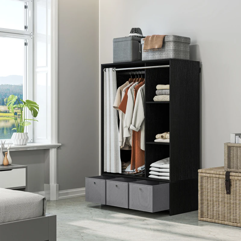 HOMCOM Armoire penderie armoire de rangement avec tringle rideaux 3 niches et 3 tiroirs en tissu amovibles 105 x 48 x 160 cm