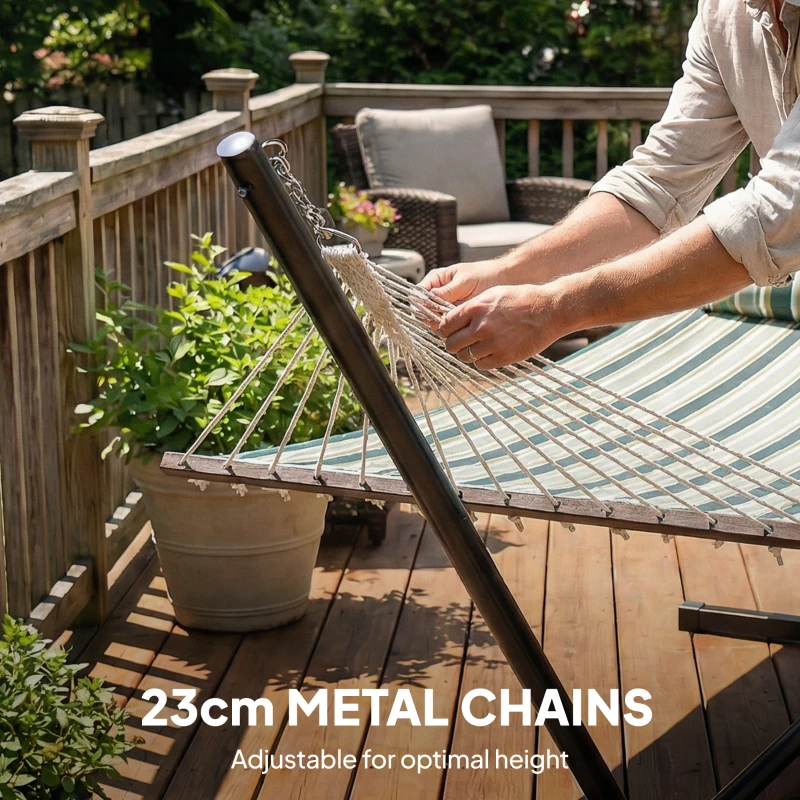 Outsunny Outdoor Hammock with Stand Detachable Pillow Striped Swing Steel Frame, for Garden, Patio, Green