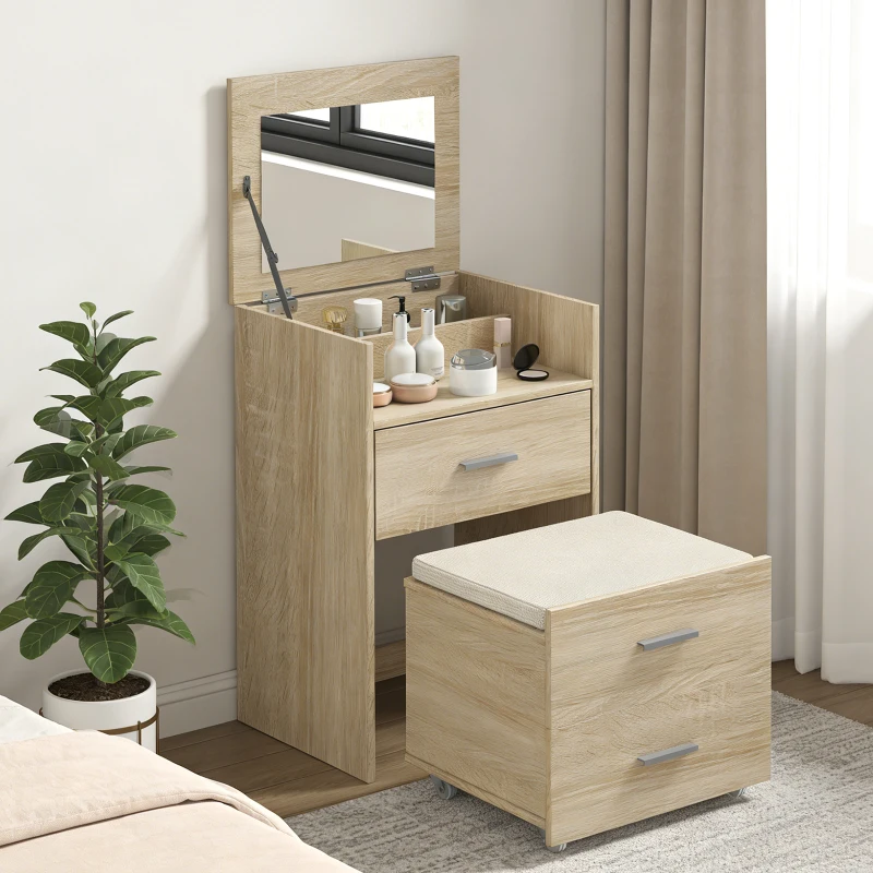 HOMCOM Masă de Toaletă cu Oglindă Rabatabilă, Natural