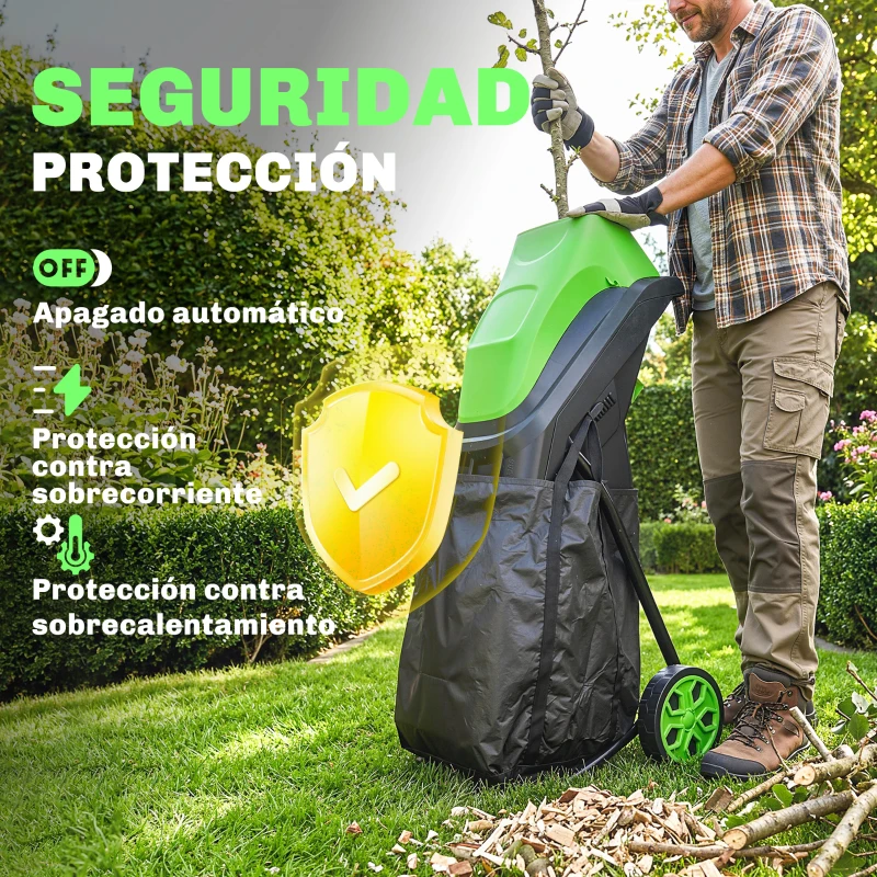 Outsunny Trituradora de Ramas Eléctrica 2500W con 2 Cuchillas Reversibles hasta Ø44 mm de Ramas Bolsa 45L Ruedas Verde