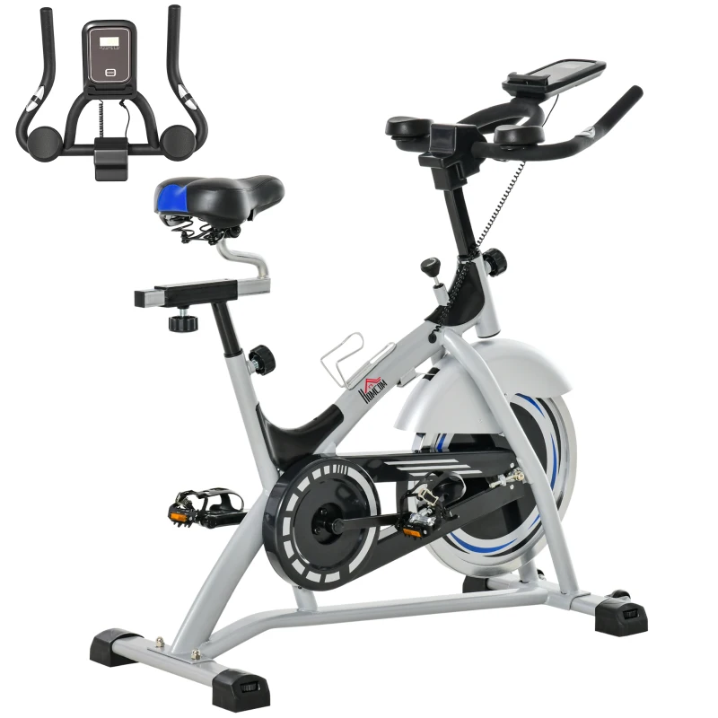 HOMCOM Cyclette da Casa con Resistenza Magnetica, Fitness Cyclette da Camera Professionale con Manubrio e Sella Regolabile, Monitor LCD e Volano 15kg, Supporto Fino a 180kg, Argento Nero