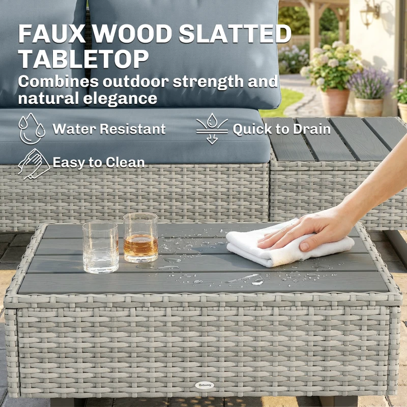 Outsunny 5 Seater Rattan Garden Furniture Set, L Shaped Garden Corner Sofa, Adjustable Back, Faux Wood Tables, Grey