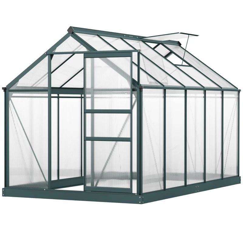 Outsunny 6 x 10ft Polycarbonate Greenhouse - Large Walk-In Green House with Sliding Door and Window, Garden Plant Grow House with Aluminium Frame and Foundation, Dark Green(m-23)