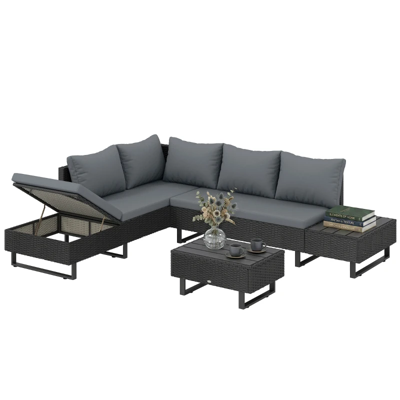 Outsunny 5 Seater Rattan Garden Furniture Set, L Shaped Garden Corner Sofa, Adjustable Back, Faux Wood Table, Dark Grey