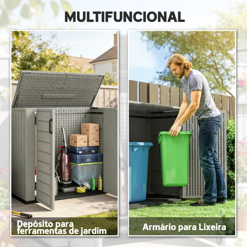 Outsunny Abrigo de Jardim Exterior de HDPE 940L com Tampa Dobrável e 2 Portas, Fecho para Armazenamento 142x67x119 cm Cinzento Claro