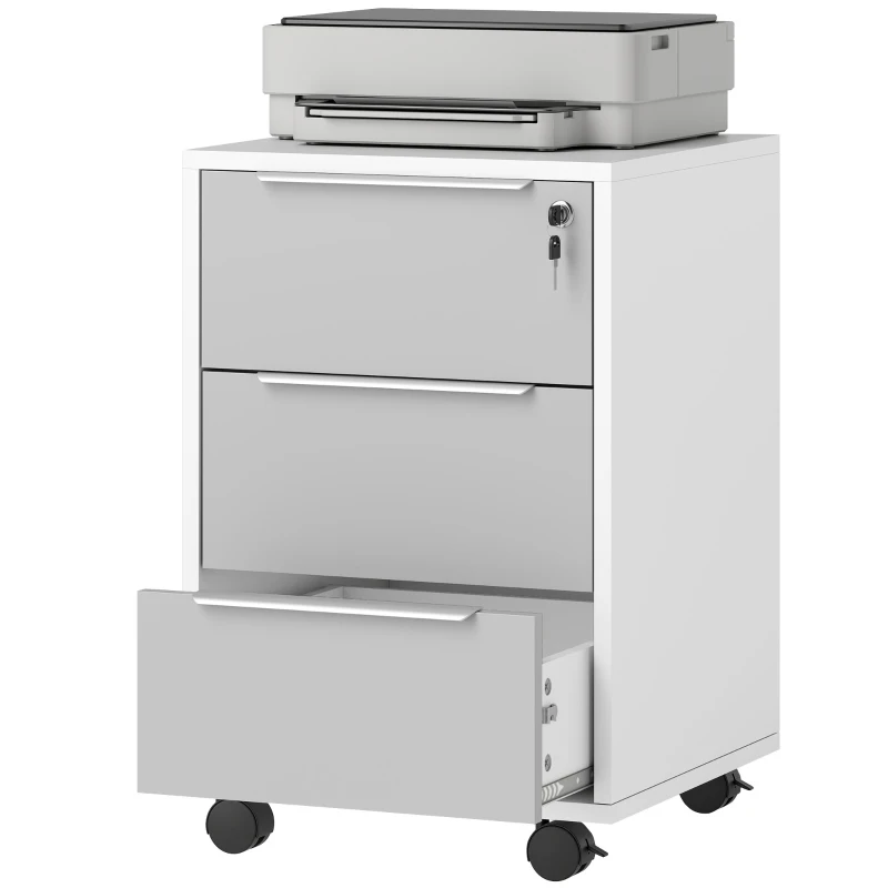 HOMCOM Schedario per Ufficio a 3 Cassetti con Chiavi di Sicurezza e 4 Ruote, in Legno, 40x40x63.5 cm, Bianco e Grigio