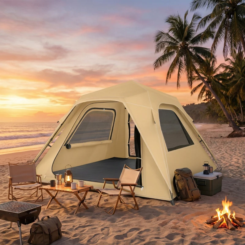 Outsunny Tenda de Campanha Instantânea, Janelas de Rede e Bolsa de Transporte Impermeável para 2-3 Pessoas, Caqui