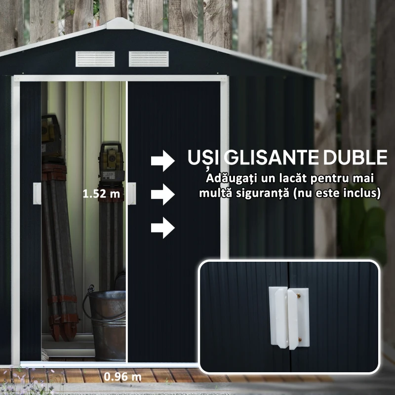 Outsunny Casuta de Gradina Depozitare Unelte din Tabla de Otel, Magazie de Gradina din Otel cu Usi glisante, 213x130x185cm, Gri