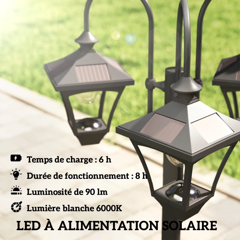 Outsunny Lampadaire Extérieur sur Pied à 3 Têtes avec Bac à Fleurs, Capteur Automatique Crépuscule à L'aube, 52x52x185cm, Noir