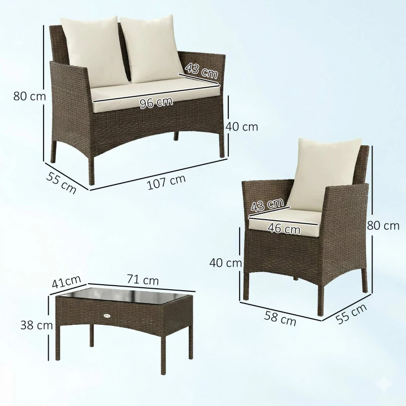Outsunny Conjunto de Jardín Exterior de Ratán 4 Piezas Incluye Sofá de 2 Plazas 2 Sillas Mesa de Vidrio Cojines Lavables Marrón