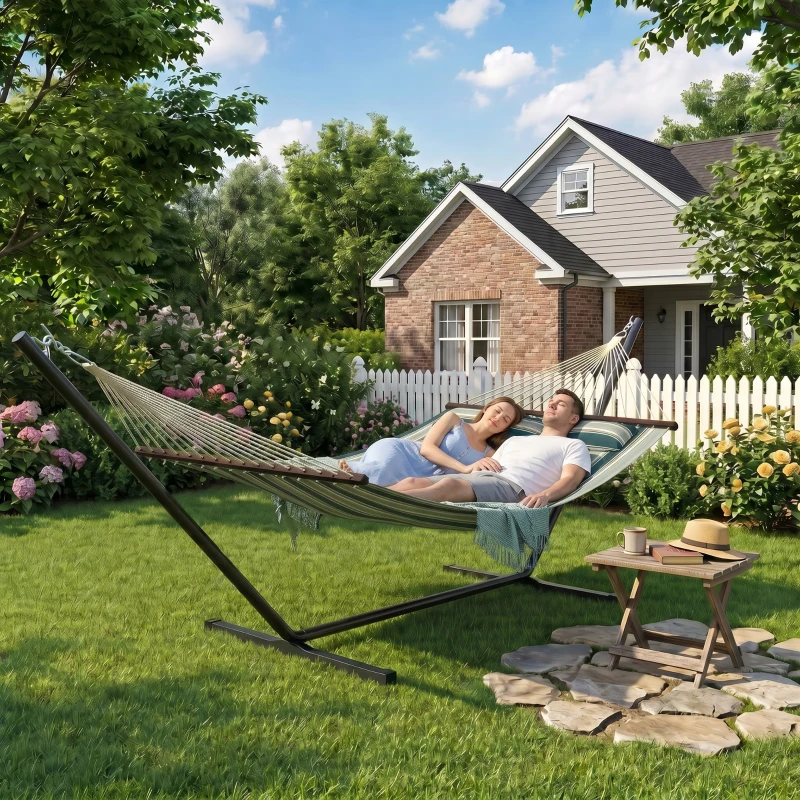 Outsunny Cama Rede com Suporte Rede de Jardim Portátil com Almofada Removível Barras Estabilizadoras 353x94x115 cm Verde