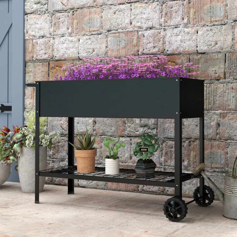 Outsunny Jardinière sur Pieds Potager dim. 109L x 39l x 80H cm étagère 2 Roues + Insert d'irrigation métal Noir