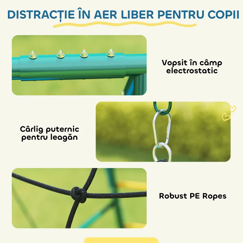 AIYAPLAY Cadru 5-în-1 pentru leagăn cu leagăn-tip-cuib reglabil, inele de gimnastică, scaun dublu, cadru de cățărare pentru 3-8 ani 440x175x203 cm