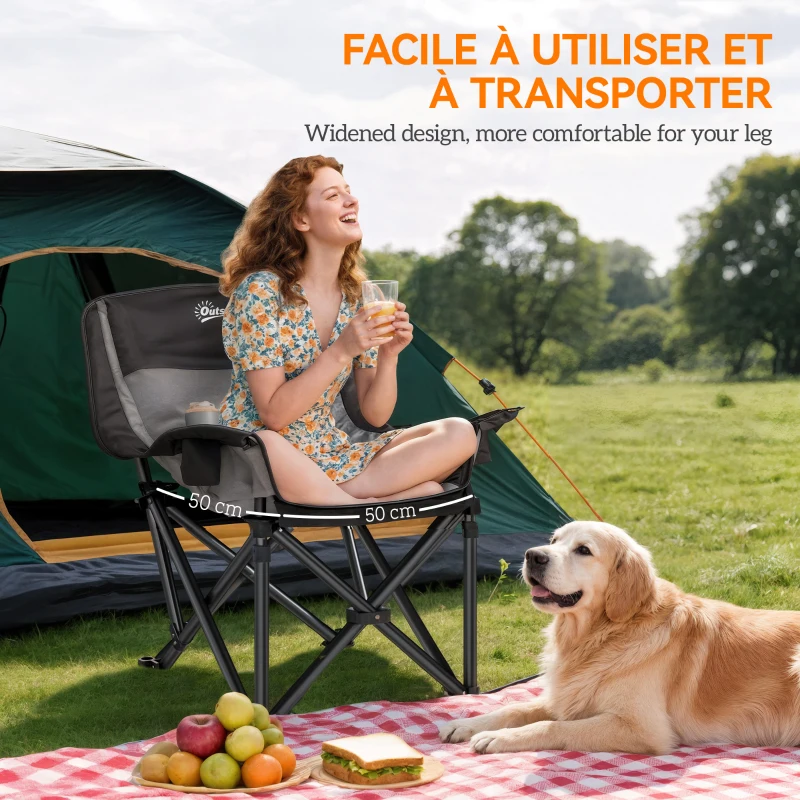 Outsunny Chaise de camping pliante et portable avec porte-gobelets, poches latérales et sac de transport, noir