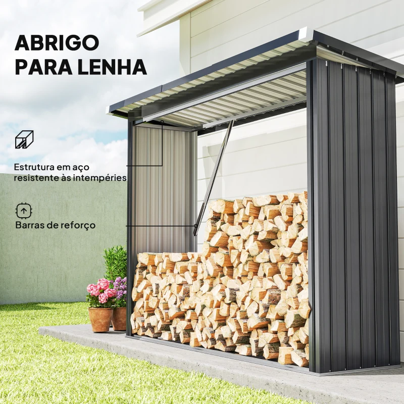 Outsunny Abrigo para Lenha de Aço Galvanizado com Base Elevada e Teto Inclinado 213x66,5x150 cm Cinzento Escuro
