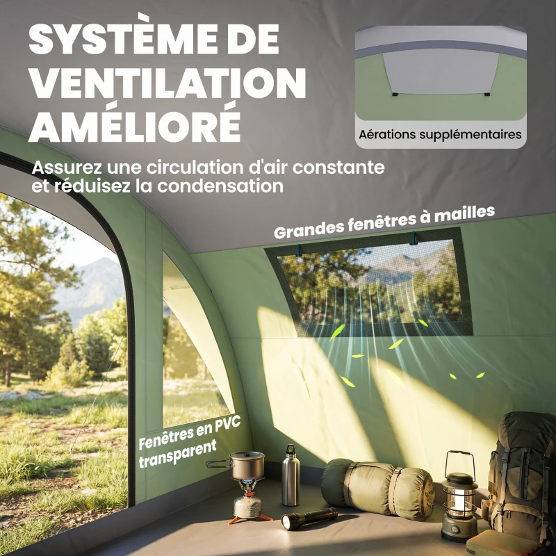 Outsunny Tente de camping pour 5 personnes, tente tunnel familiale légère ventilée étanche 3 000 mm montage facile, vert