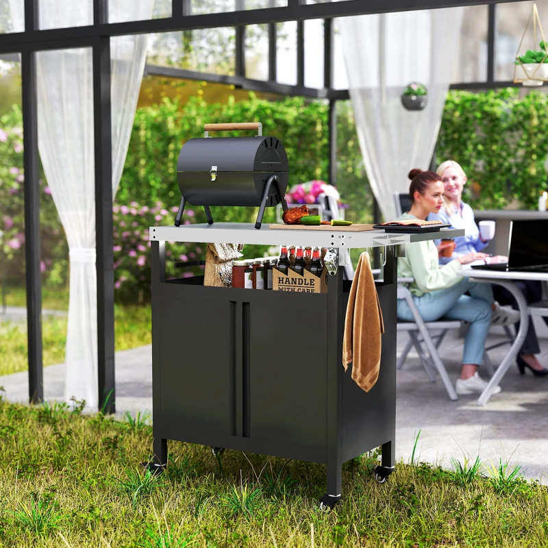 Outsunny Chariot de barbecue avec plateau en acier inoxydable, tablette pliable et crochets, 116 x 50 x 93 cm, noir