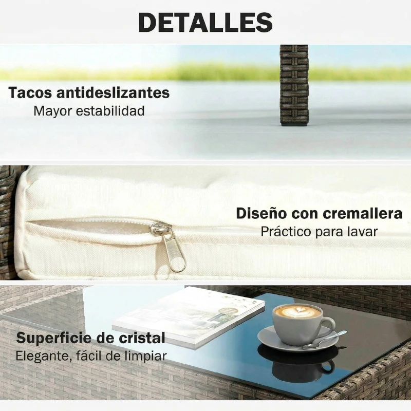 Outsunny Conjunto de Jardín Exterior de Ratán 4 Piezas Incluye Sofá de 2 Plazas 2 Sillas Mesa de Vidrio Cojines Lavables Marrón