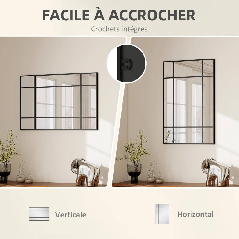 HOMCOM Miroir mural verrière rectangulaire style fenêtre, horizontal ou vertical avec 4 crochets, en métal noir - 90x60 cm