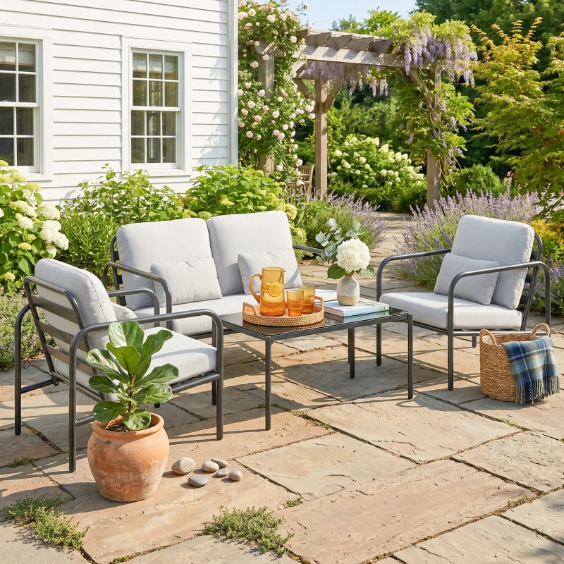 Outsunny 4-teiliges Gartenlounge-Set aus Stahl mit Zweisitzer, 2 Sesseln, Tisch, Polstern, Hellgrau