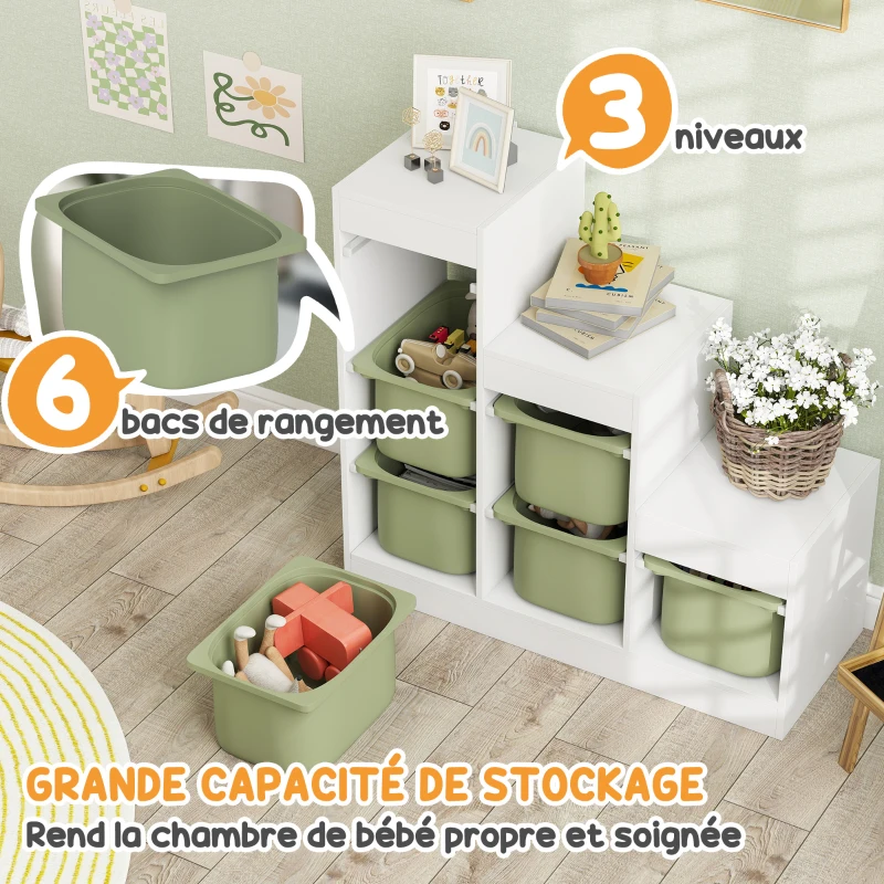 AIYAPLAY Meuble de rangement pour jouets des enfants avec 6 bacs amovibles, 3 niveaux de rangement, 96 x 38,5 x 90, vert