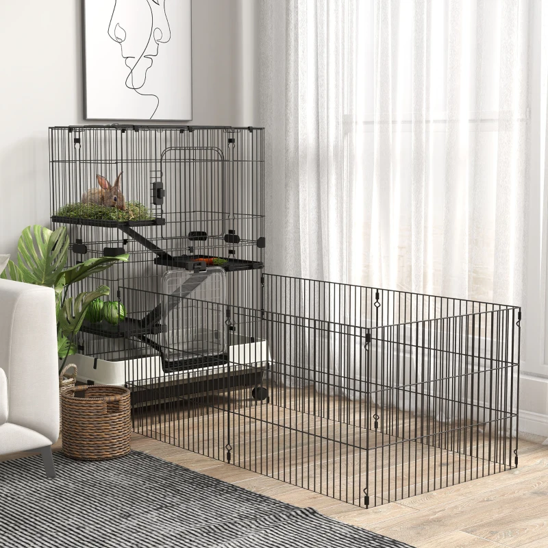PawHut Cage pour petits animaux roulante 3 plates-formes démontables 3 rampes plateau inférieur amovible métal PP noir