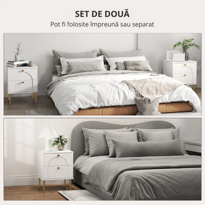 HOMCOM Lot de 2 noptiere cu 2 sertare și picioare din oțel pentru cameră de zi, dormitor - 40 x 35 x 50 cm, alb