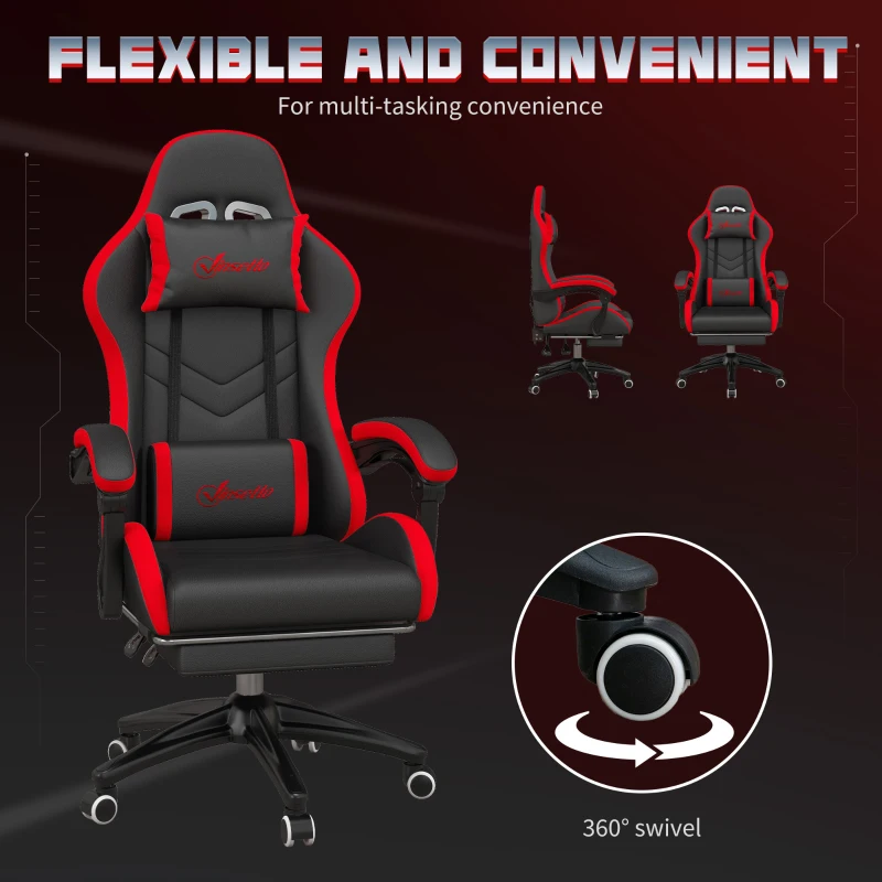 Vinsetto Scaun de Gaming cu Înălțime Reglabilă și Spătar Rabatabil, 65x65x121-129 cm, Negru și Roșu
