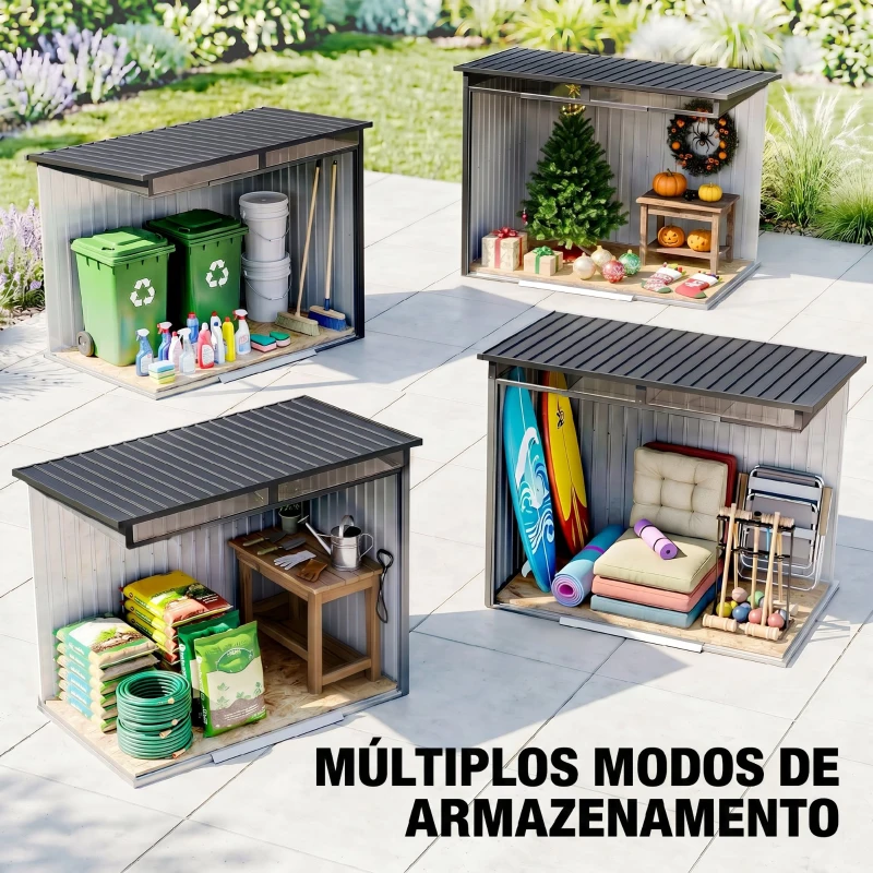 Outsunny Abrigo de Jardim 2 m² 195x122x181,5 cm Abrigo de Armazenamento Metálico com Porta de Correr e 2 Janelas Cinza Escuro