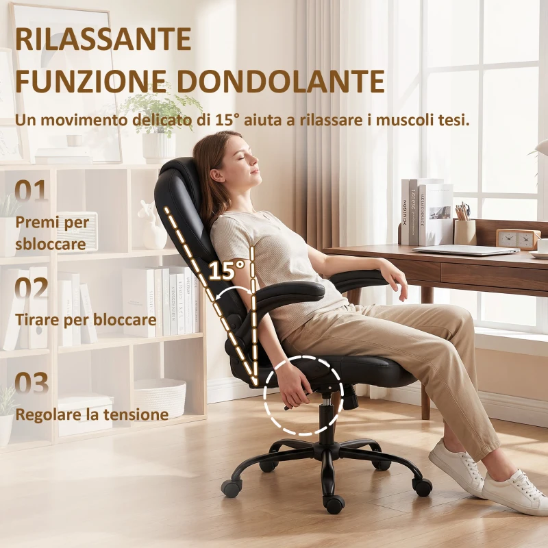 HOMCOM Cadeira de Escritório Giratória, Função Balanço, Apoios de Braço Rebatíveis, Encosto Alto, Altura Ajustável, Preto