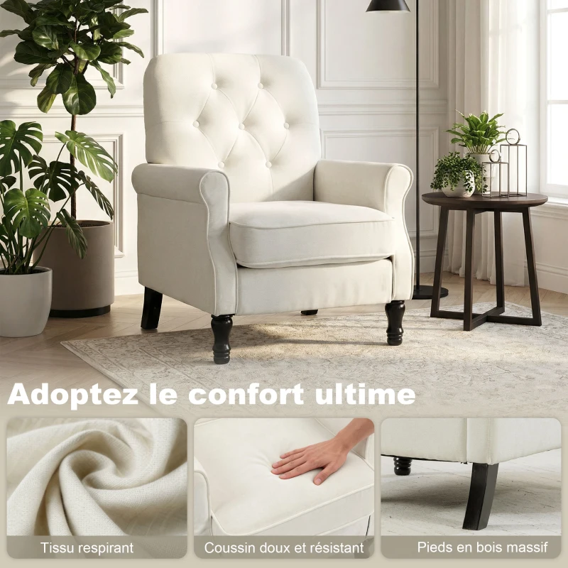 HOMCOM Fauteuil de salon, canapé 1 place avec assise rembourrée épaisse, coussin à ressorts, tissu en lin, 69x75x90cm, crème