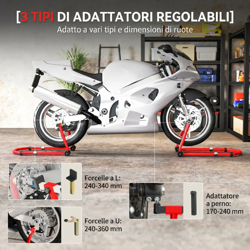 HOMCOM Cavalletto Moto Anteriore e Posteriore con Capacità 390 kg, Forcelle a U e L, Rotelle e Cuscinetti Antiscivolo, Rosso