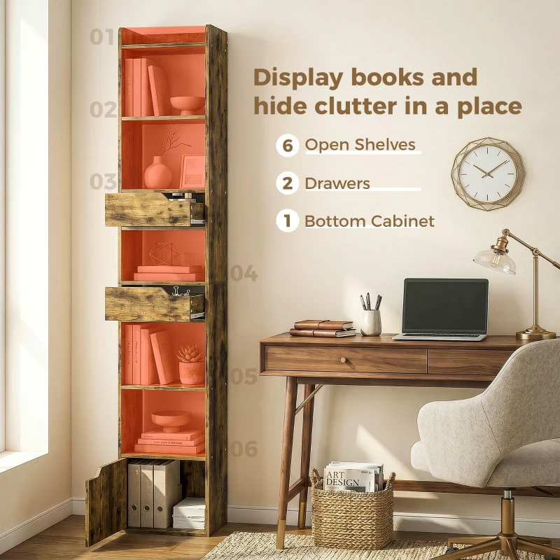 HOMCOM Bookcase Tall Narrow with 5 Tiers and Drawers Freestanding Bookshelf Storage Cabinet for Living Room Rustic Brown