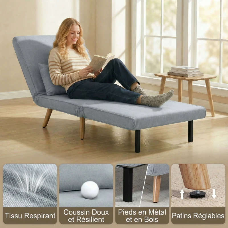 HOMCOM Fauteuil chauffeuse convertible 3 en 1 lit fauteuil lit 1 place dossier 5 positions en tissu avec coussin, gris