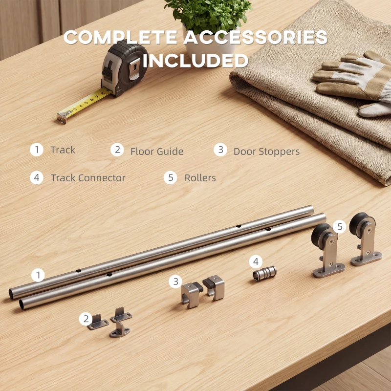 HOMCOM Sliding Door Hardware Kit Smooth Quiet 304 Stainless Steel for 180cm Track Sliver Tone
