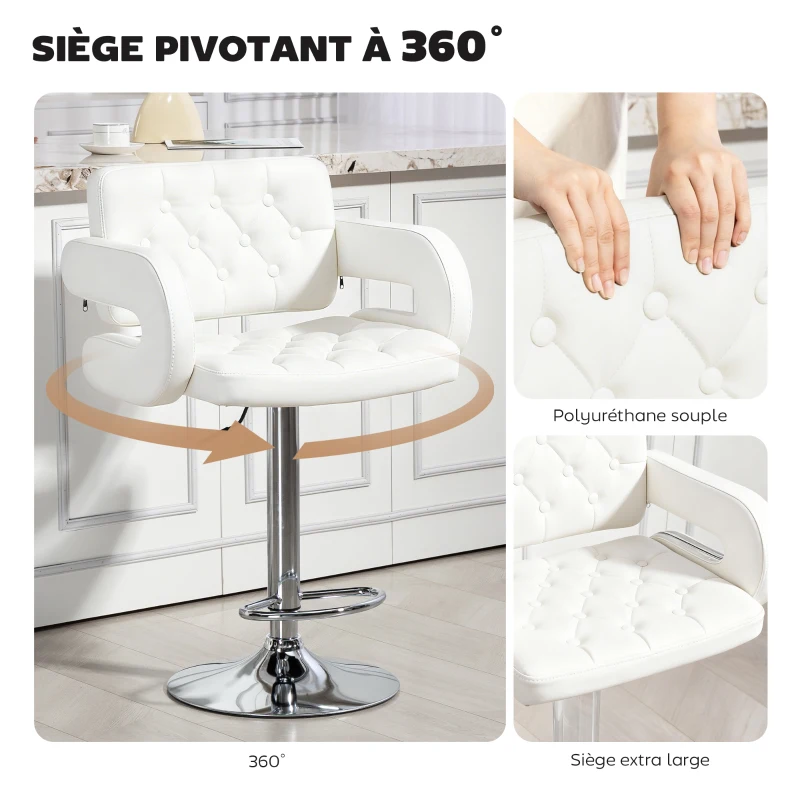 HOMCOM Tabouret de bar pivotant chaise de bar réglable en hauteur avec dossier repose-pieds et accoudoirs 61x50x93-113cm blanc